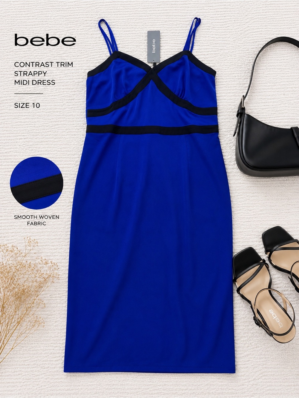 Bebe Blue Contrast Trim Strappy Midi Dress Y2K Glam Size 10